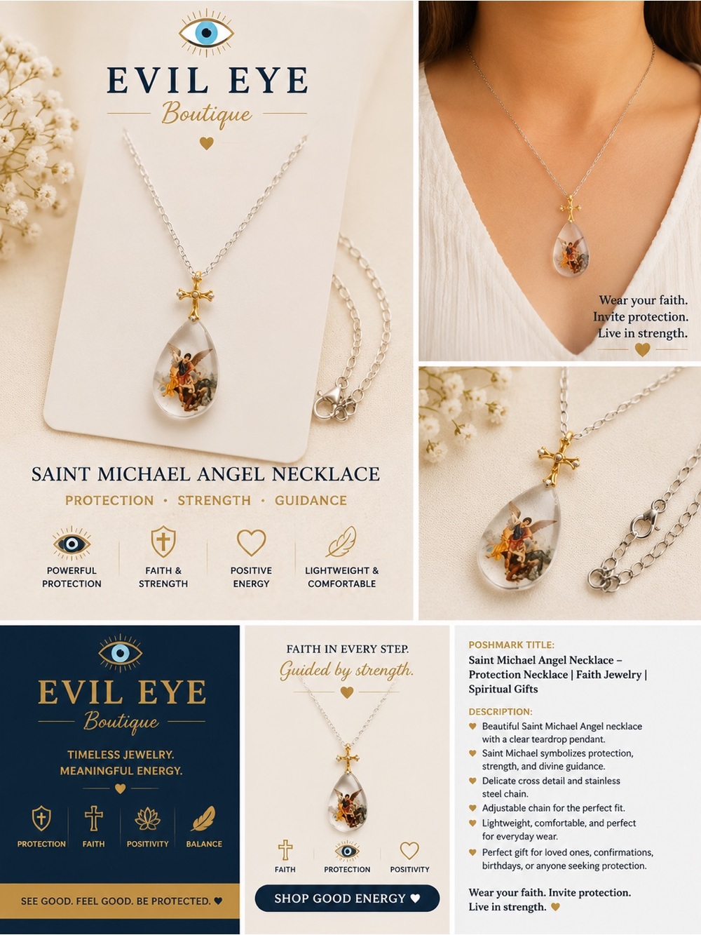 Saint Michael Angel Teardrop Necklace - Clear with Gold Cross